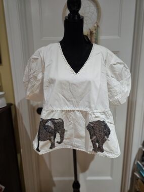 QUEEN OF SPARKLES White V-Neck Peplum Top with Sequin Elephant Motifs
